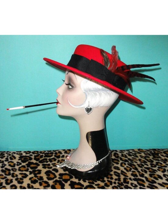 Vintage Red Wool Church Hat w/ Feathers pinup retro rockabilly Kentucky Derby main image 5